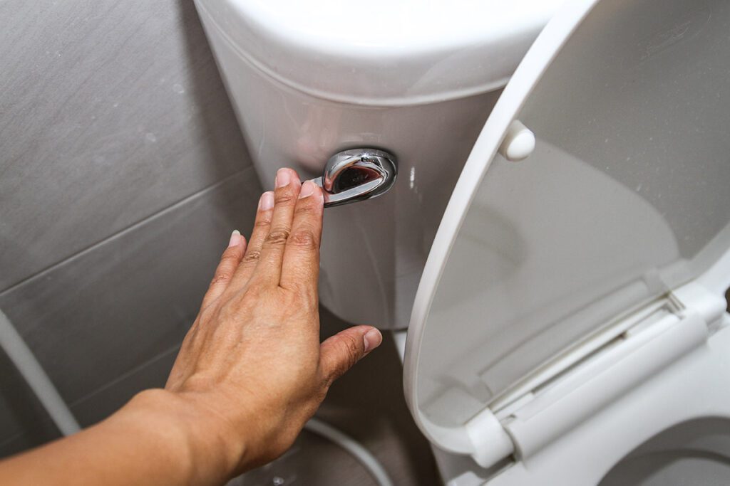 A hand pushing down the handle of a toilet to flush it.